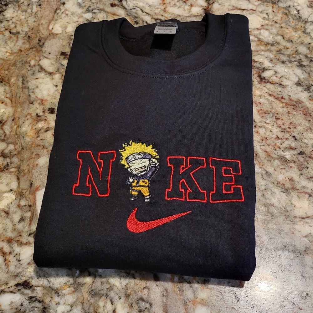 Black Naruto Anime Nike Inspired Embroider Custom Made Crewneck Sweatshirt